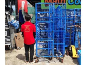 Tall grid cart, steel frame, distribution cart with wheels.