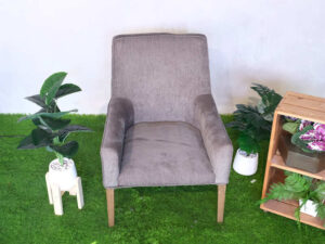 Wooden chair, gray fabric cushion, beautiful frame.