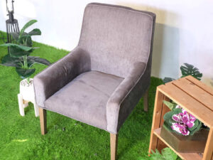 Wooden chair, gray fabric cushion, beautiful frame.
