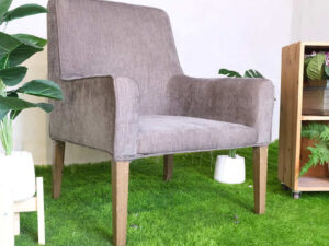 Wooden chair, gray fabric cushion, beautiful frame.