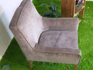 Wooden chair, gray fabric cushion, beautiful frame.