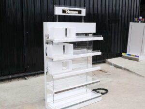 Product shelf 5-tiered product display shelf, adjustable shelves, lighted sign on top, white (large size)