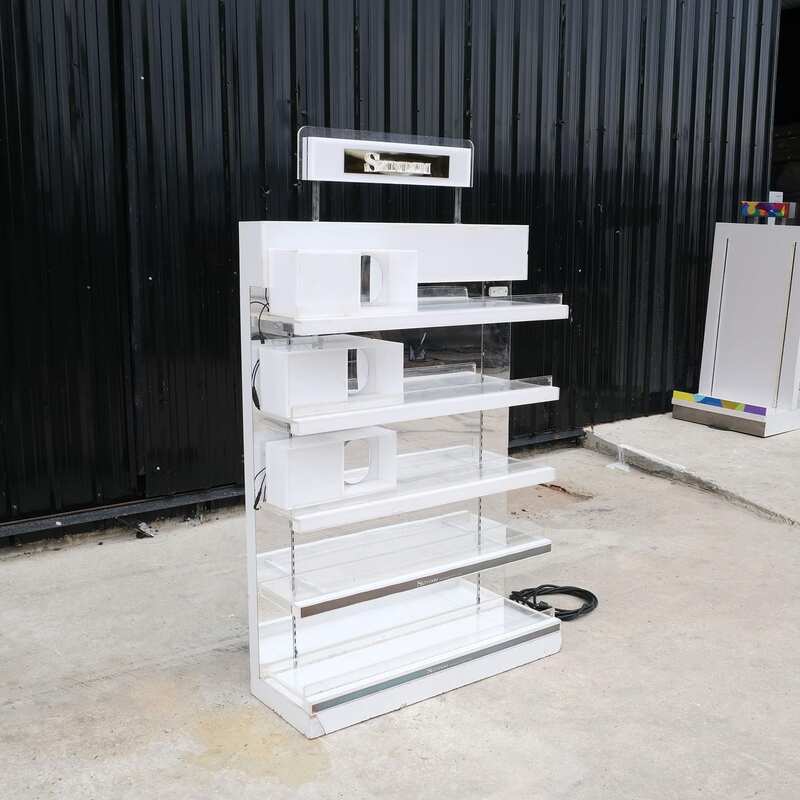 Product shelf 5-tiered product display shelf, adjustable shelves, lighted sign on top, white (large size)