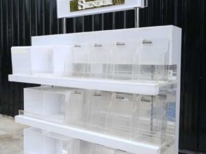 Product shelf 5-tiered product display shelf, adjustable shelves, lighted sign on top, white (large size)