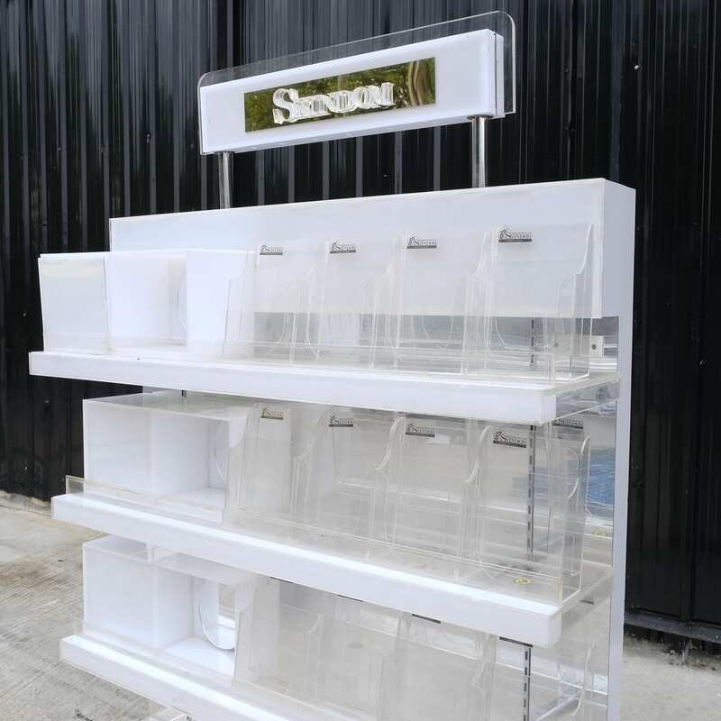Product shelf 5-tiered product display shelf, adjustable shelves, lighted sign on top, white (large size)