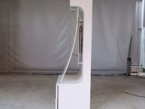 watch display shelf Hanging product display shelf, white wooden frame, with 2 storage drawers.