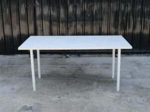 Multi-purpose table, white table, wooden top, white steel legs.