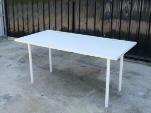 Multi-purpose table, white table, wooden top, white steel legs.