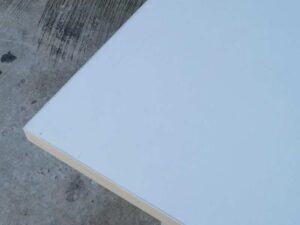 Multi-purpose table, white table, wooden top, white steel legs.