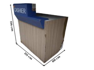 White cashier counter, blue CASHIER sign.
