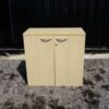 Document cabinet, 2 doors, open, wooden top, plain cream color.