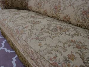 2 seat sofa, wooden frame, fabric cushion, cream color, floral pattern. European work comes from Germany.