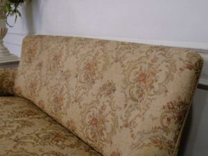 2 seat sofa, wooden frame, fabric cushion, cream color, floral pattern. European work comes from Germany.