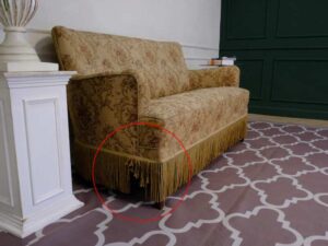 2 seat sofa, wooden frame, fabric cushion, cream color, floral pattern. European work comes from Germany.