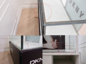 Jewelry cabinet, glass cabinet to display products Rectangular shape, 2 sliding glass doors, black base, has 2 sliding doors for storage.