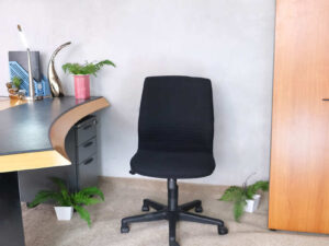 Office chair, rockworth chair, thick black fabric cushion.