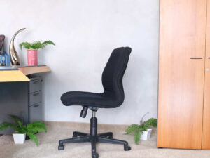 Office chair, rockworth chair, thick black fabric cushion.