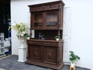 Buffet cabinet, carved wood, walnut color, European work from Germany.