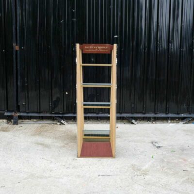 Product shelf Product display shelf, 4 glass shelves, brown wooden frame.