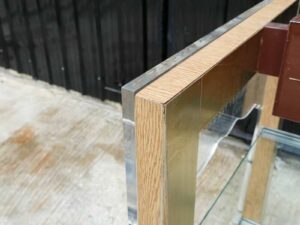 Product shelf Product display shelf, 4 glass shelves, brown wooden frame.