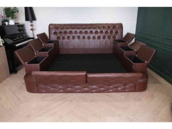 King size bed covered in brown leather There are 8 storage compartments