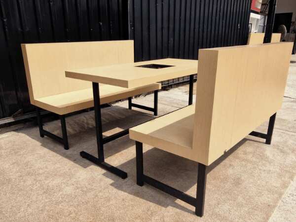 Set of 4 wooden tables and chairs, steel legs, black