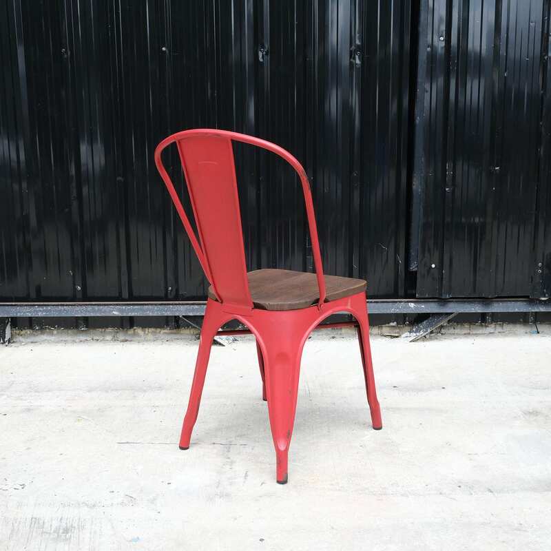 Red steel frame chair with wooden cushion