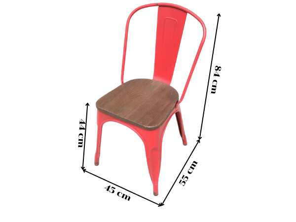 Red steel frame chair with wooden cushion