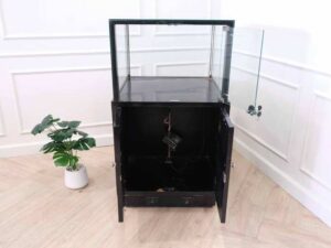 Jewelry cabinet, glass cabinet to display products Square shape, black wooden base, has 2 storage cabinets that open.