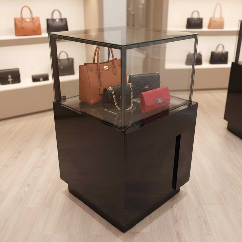 Jewelry cabinet, glass cabinet to display products Square shape, black wooden base, has 2 storage cabinets that open.