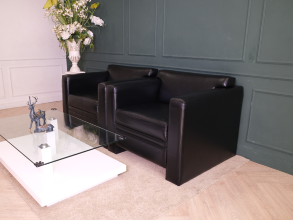 Armchair, leather seat, wooden frame, black