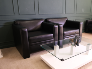 Armchair, leather seat, wooden frame, black