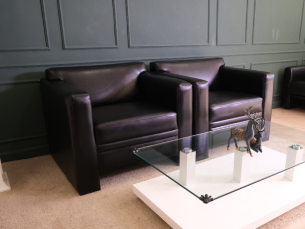 Armchair, leather seat, wooden frame, black