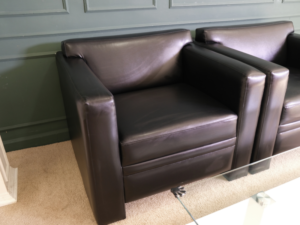 Armchair, leather seat, wooden frame, black