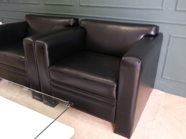 Armchair, leather seat, wooden frame, black