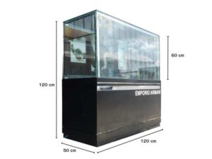 Jewelry cabinet, glass product display cabinet with 4 opening doors, black wood frame, with LED lights along the glass edges.