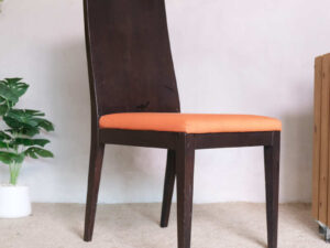 Wooden chair, orange fabric cushion, beautiful frame, slightly curved backrest.