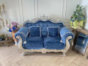 Louis sofa, 2 seats, blue fabric cushion, modern style.