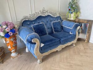 Louis sofa, 2 seats, blue fabric cushion, modern style.