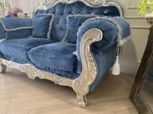 Louis sofa, 2 seats, blue fabric cushion, modern style.