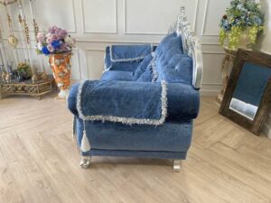 Louis sofa, 2 seats, blue fabric cushion, modern style.
