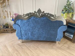 Louis sofa, 2 seats, blue fabric cushion, modern style.