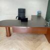L-Shaped Executive Desk with Wooden Frame, Steel and Wooden Legs, and 3 Drawers