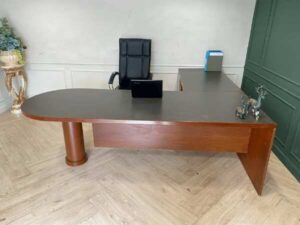 L-Shaped Executive Desk with Wooden Frame, Steel and Wooden Legs, and 3 Drawers