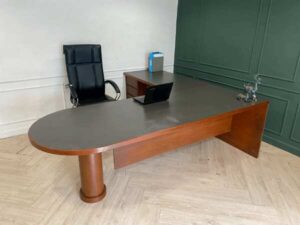 L-Shaped Executive Desk with Wooden Frame, Steel and Wooden Legs, and 3 Drawers