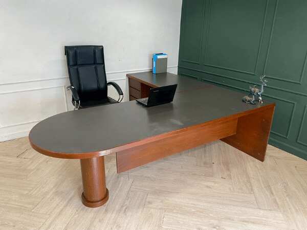L-Shaped Executive Desk with Wooden Frame, Steel and Wooden Legs, and 3 Drawers