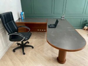 L-Shaped Executive Desk with Wooden Frame, Steel and Wooden Legs, and 3 Drawers