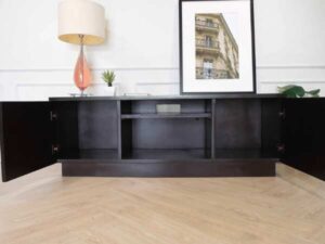 Wooden sideboard, dark oak color, 2 compartments, 2 doors.