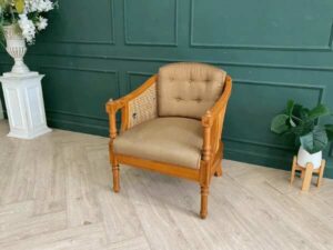 Teak Frame Rattan Back Accent Chair with Brown Cushion