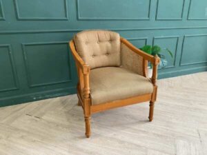 Teak Frame Rattan Back Accent Chair with Brown Cushion